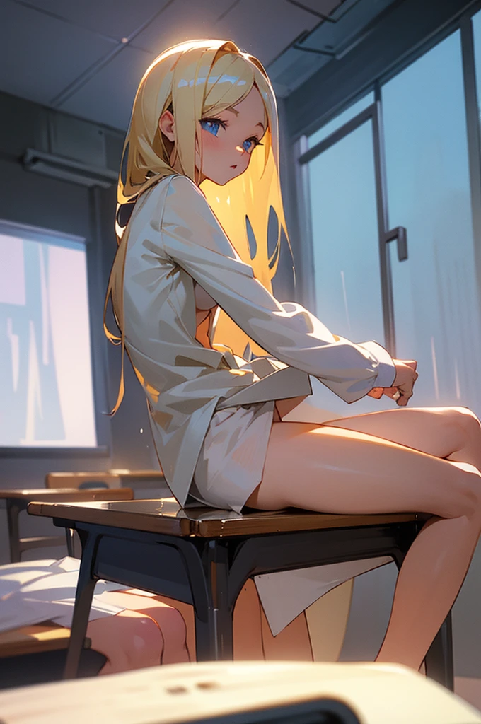 1boy, 1girl, boy fucks girl, missionary position, sex, The boy stands with his pants down, The girl sits on the table, short skirt, wraps her legs around the boy, blond hair, side view