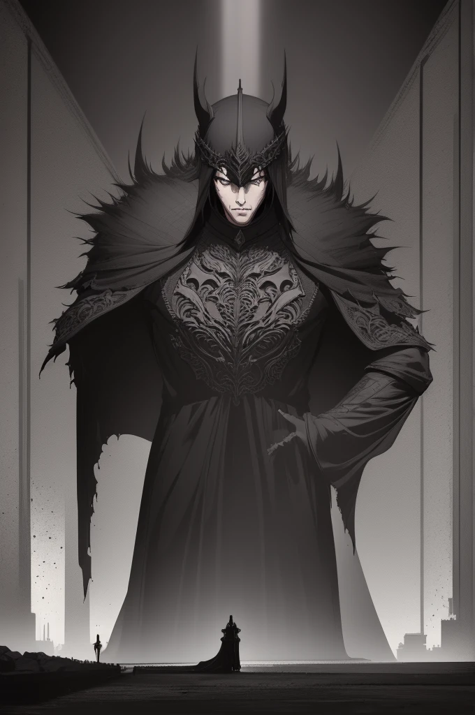 a man wearing a black knight's robe,long black hair,castle,moon,dark tone,berserk,cartoon style,detailed,intricate,dramatic,atmospheric,cinematic,moody lighting,dark fantasy,chiaroscuro,muted colors,gothic,dramatic,imposing,powerful,ominous,foreboding