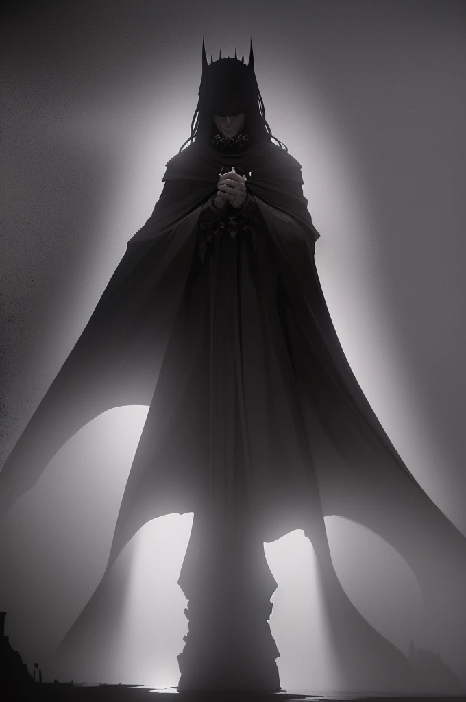 a man wearing a black knight's robe,long black hair,castle,moon,dark tone,berserk,cartoon style,detailed,intricate,dramatic,atmospheric,cinematic,moody lighting,dark fantasy,chiaroscuro,muted colors,gothic,dramatic,imposing,powerful,ominous,foreboding