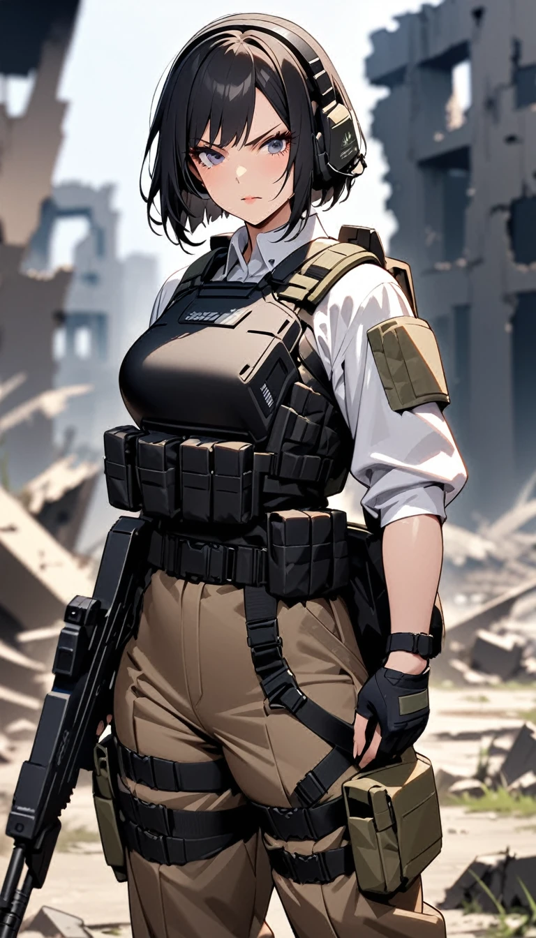 ((masterpiece)),((top quality)),((A high resolution)),((Very detailed)),one woman,48 years old,mature woman,Japanese,black hair,short bob,Beautiful eyes,Long eyelashes,beautiful hair,Beautiful skin,Serious,BREAK(((a gun))),a gun,White shirt,black body armor, Combat boots, Black Tactical Forster,tactical headset,(Background - ruins of ruins.),(((Blur background)))