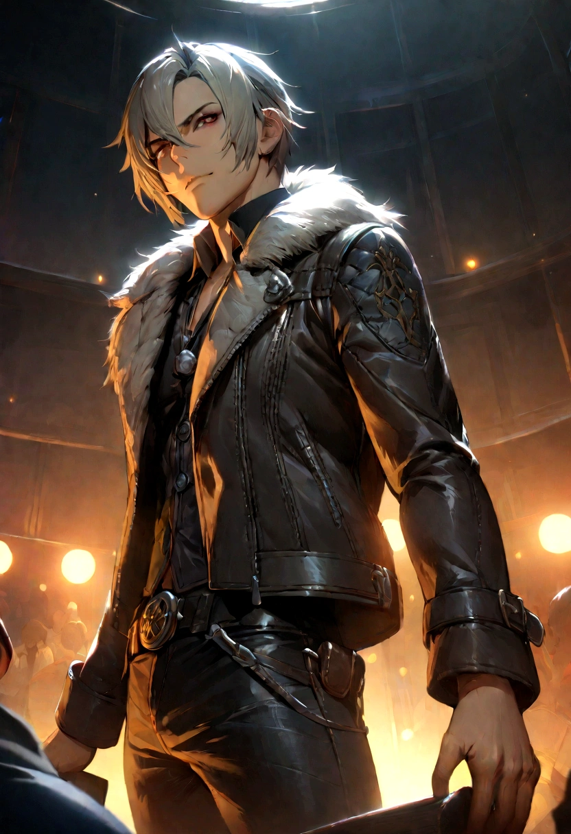 1 boy, re4leon's cowboy lens, Fur trim leather jacket, Long sleeve, Black jeans, Volumetric Lighting, sports, best quality, masterpiece, Intricate details, Tone Mapping, Clear focus, Ultra Detailed, Popular on ArtStation, Looking at the audience, Practical