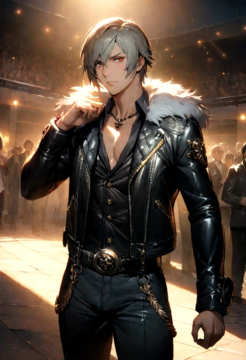 1 boy, re4leon's cowboy lens, Fur trim leather jacket, Long sleeve, Black jeans, Volumetric Lighting, sports, best quality, masterpiece, Intricate details, Tone Mapping, Clear focus, Ultra Detailed, Popular on ArtStation, Looking at the audience, Practical