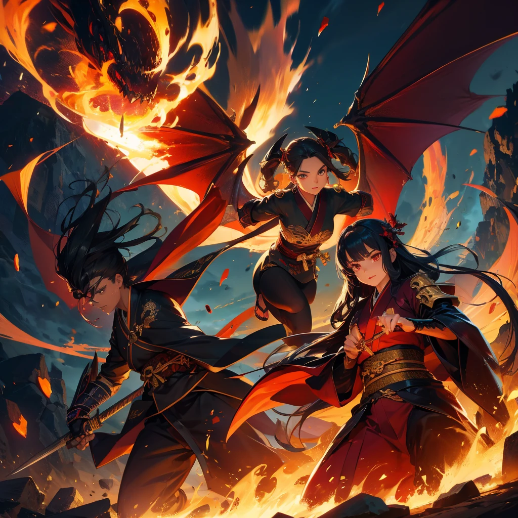beautiful dark angel fighting with dragon demon, tattoo, fire, sword, kimono, demon, golden tone