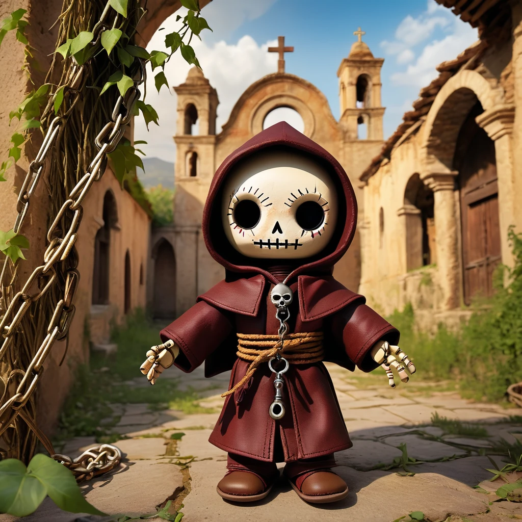 (knitted toy voodoo doll:1.2), (Voodoo Cursed Monk:1.3), (Clothing Monk's cloak with a hood, chains, leather sandals:1.0), (in the background Abandoned monastery, ruins and intertwined vines, a bell tower without a bell:1.2), best quality, masterpiece, detailed soft oil painting, detailed background, dramatic cinematic lighting, soft edge lighting, professional, dramatic lighting, hard edge lighting, ultra quality, 4k, masterpiece, best quality, 8k, ultra high definition, high resolution, extremely detailed