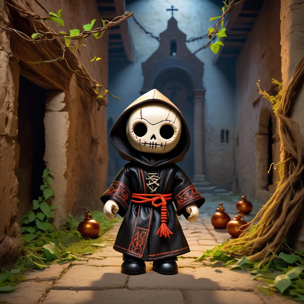 (knitted toy voodoo doll:1.2), (Voodoo Cursed Monk:1.3), (Clothing Monk's cloak with a hood, chains, leather sandals:1.0), (in the background Abandoned monastery, ruins and intertwined vines, a bell tower without a bell:1.2), best quality, masterpiece, detailed soft oil painting, detailed background, dramatic cinematic lighting, soft edge lighting, professional, dramatic lighting, hard edge lighting, ultra quality, 4k, masterpiece, best quality, 8k, ultra high definition, high resolution, extremely detailed