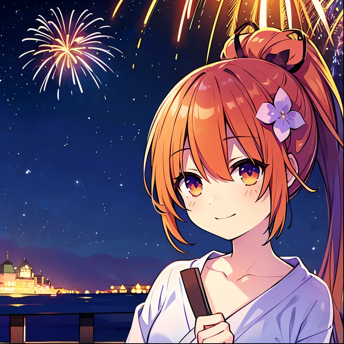 One personの少女、One person、Orange Hair、Long hair ponytail、dumpling、peach、Purple flower hair ornament、yukata、美しいpeach紫色のyukata、Summer festival、Night Sky、Night Skyに架かる大きな花火、beautiful Fireworks、Night Skyに浮かぶ花火，Fireworks、Girl watching fireworks、Admired、smile、Highest quality、masterpiece、Perfect Face、Cute face