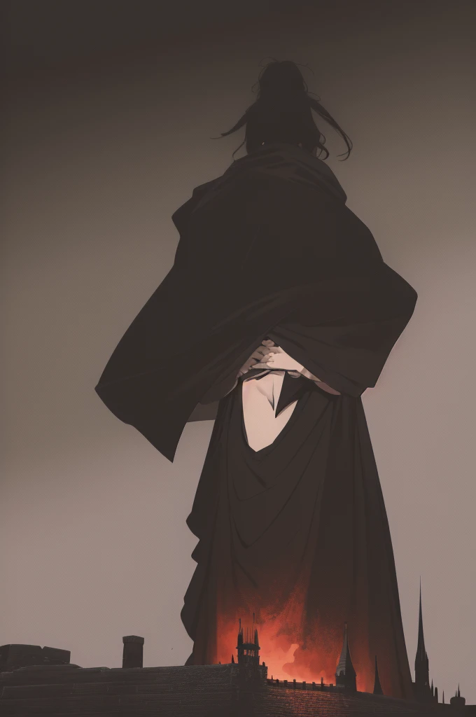 Berserk cartoon style image of a man wearing a black knight's robe and long black hair with a castle colored black and moon in the background with a dark tone