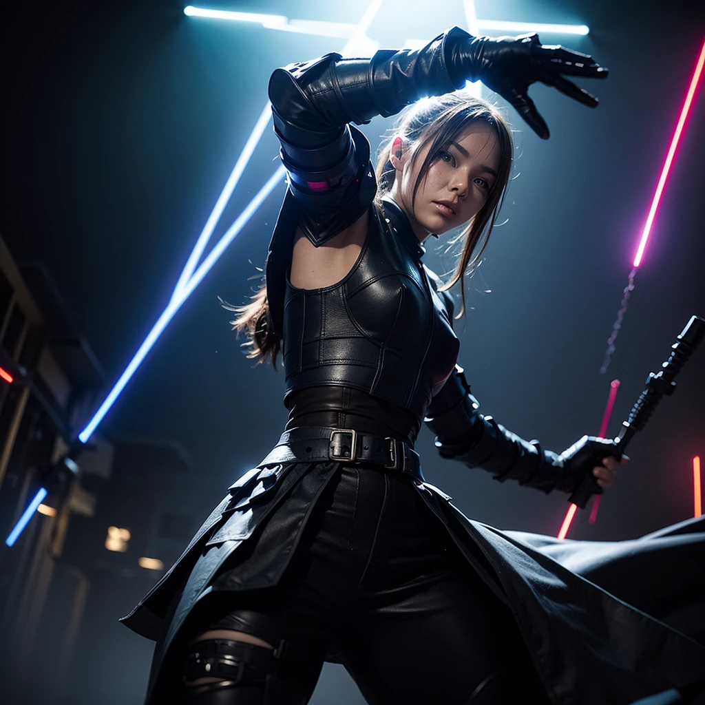 young with lasergame armor, in the center looking frontally in an attack position, in the background a dark lasergame room looks frontally at the camera