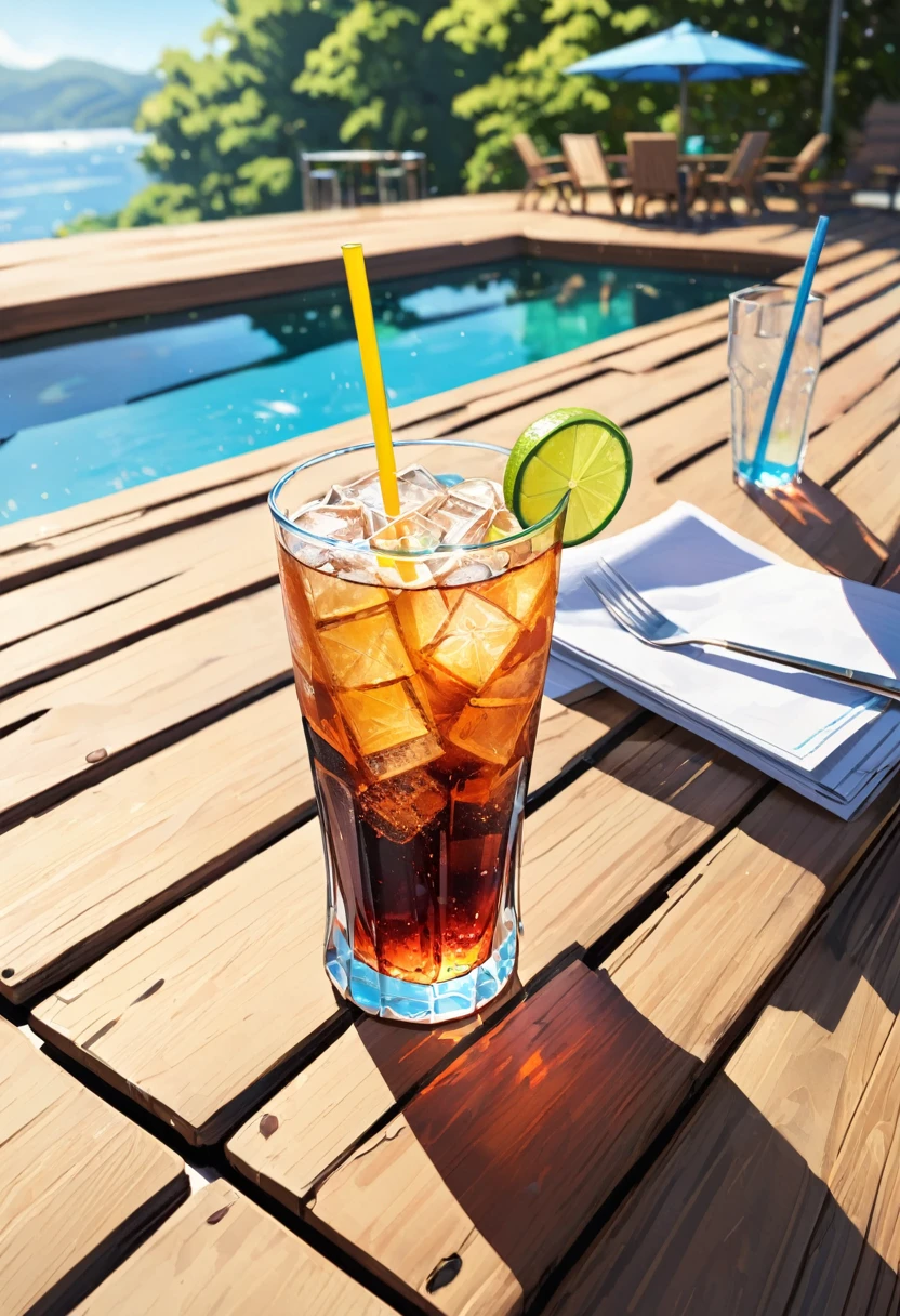 a glass of soda, on the table, summer noon,