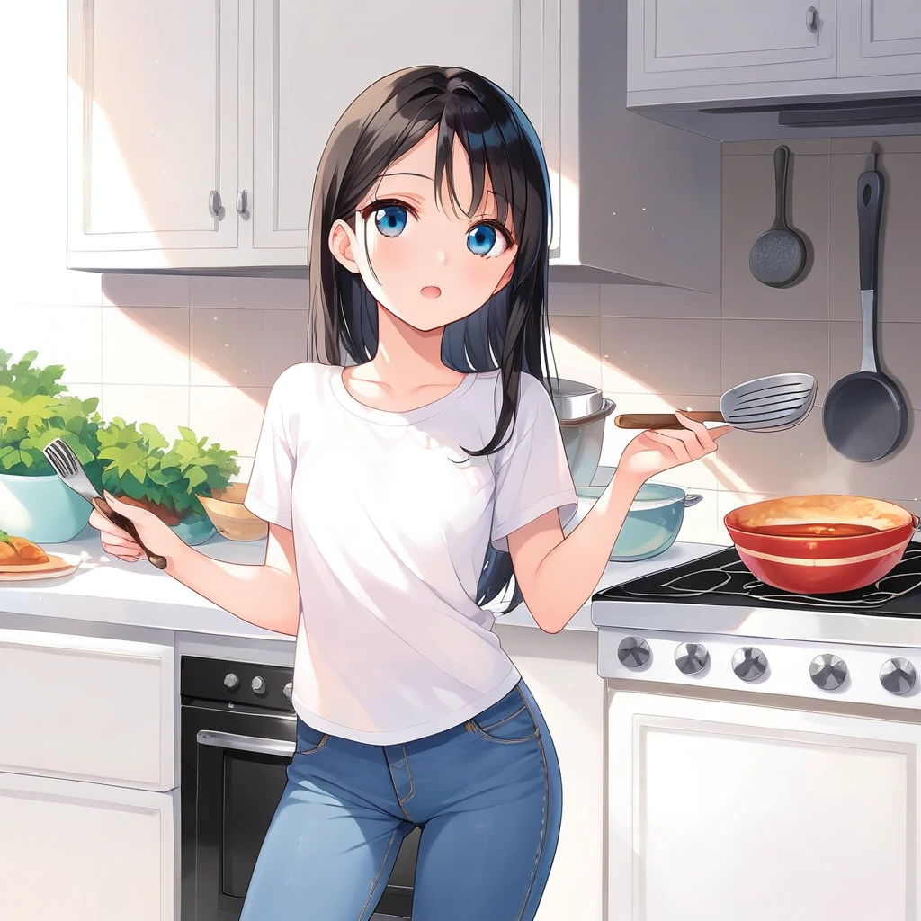 Masterpiece, best quality, color, line drawing, one girl, solo, 20 years old, flat chest, long black hair, short sleeves, white t-shirt, long pants, jeans, grinning, standing, cooking, eyes open, mouth open, face turned away towards kitchen, kitchen background, simple background,