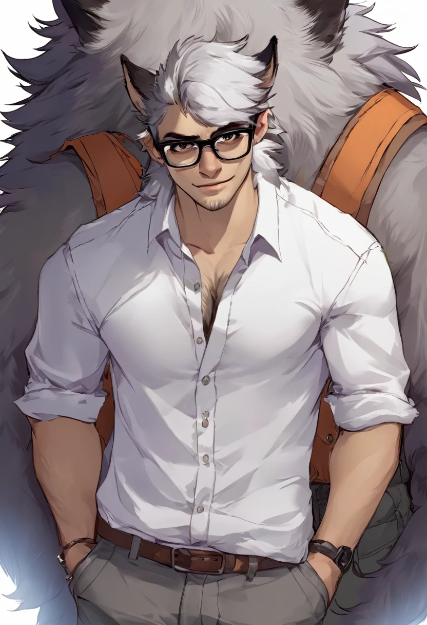 Wolf,male,shirt,Pants,Gray fur,Heterochromia,Glasses,happy,Introversion,Orcs,slim,Sexy