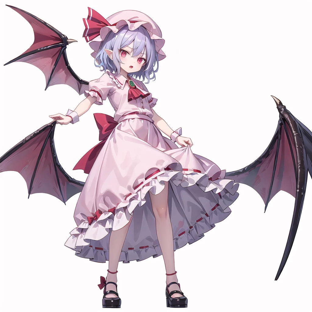 (((one women))),(((remilia scarlet))),(touhou), red eyes, short hair, purple hair, light purple hair, blue hair, slit pupils, fang, bat wings, white headwear, pink headwear, mob cap, white shirt, pink shirt, collared shirt, frilled shirt collar, red ascot, puffy short sleeves, frilled sleeves, wrist cuffs, white skirt, pink skirt, skirt set, frilled skirt, red ribbon, hat ribbon, waist bow, red bow, brooch, holding,(((full body))),(((model posing))),standing on one leg,(((white background))),(((Angle from below)))