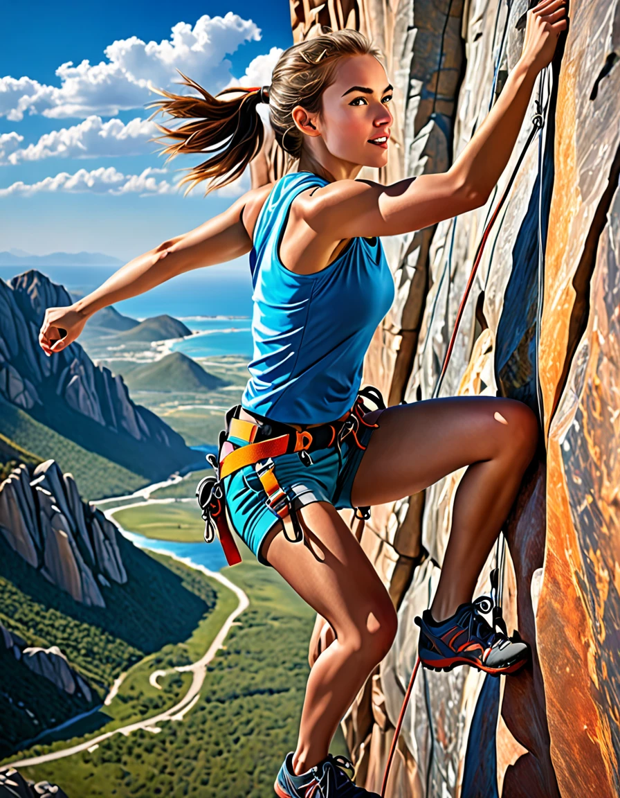 beautiful girl climbing,rock climbing,adventurous spirit,athletic body,strong determination,youthful energy,scenic outdoor setting,exhilarating experience,active lifestyle,safety gear,adrenaline rush,[vibrant colors],[dramatic lighting],[movement:1.1],[dynamic perspective],[detailed landscape],[clear blue sky],[focus on the girl],[action shot],[engaging facial expression] (best quality,highres),physically-based rendering,photorealistic,studio lighting,ultra-detailed,portrait