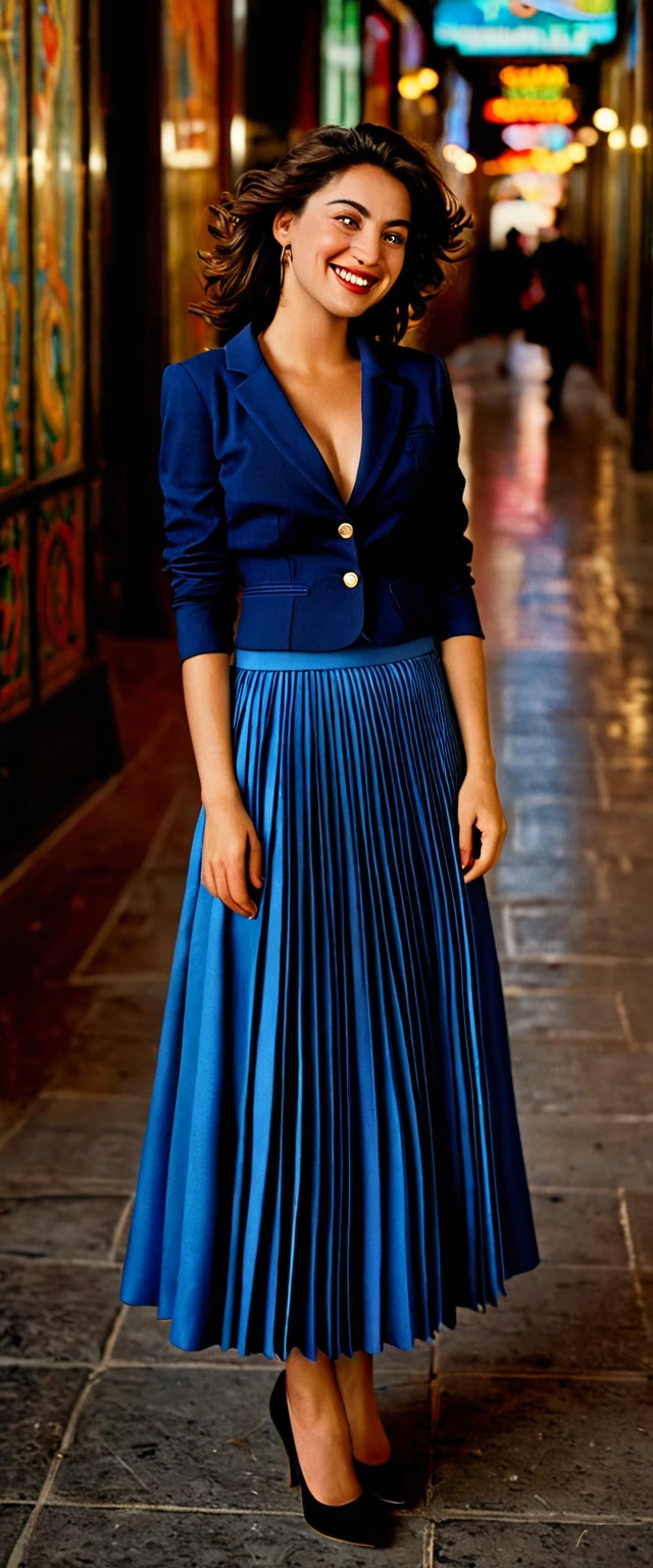 A smiling, authentic, (shy:1,3), kind, beautiful woman, is passionately in love with her skirt, wind wildly flowing her skirt, wearing short blazer and (long (fully pleated) full circle skirt) and (low heeled court shoes), very, very intricate hyper-detailed symmetric (attractive graceful young feminine face) with (sad, tired eyes and a loving smile), very voluptuous breasts, full of empathy and compassion and love, (pronounced (feminine) features), (highly detailed ultra accurate realistic) hands and fingers, (windy), epic composition, highly detailed attributes, (35mm f1.4 Kodak portra 400 photograph), extremely high quality RAW photograph, highly detailed atmosphere, sci-fi, cinematic shot, dynamic lighting, 75mm, Technicolor, Panavision, cinemascope, sharp focus, fine details, 8k, HDR, realism, realistic, key visual, film still, superb cinematic color grading, depth of field