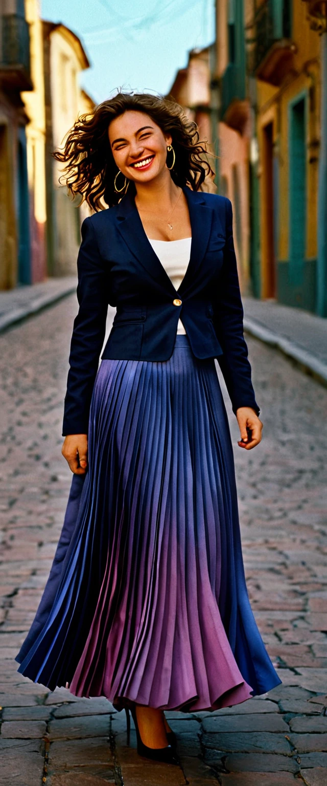 A smiling, authentic, (shy:1,3), kind, beautiful woman, is passionately in love with her skirt, wind wildly flowing her skirt, wearing short blazer and (long (fully pleated) full circle skirt) and (low heeled court shoes), very, very intricate hyper-detailed symmetric (attractive graceful young feminine face) with (sad, tired eyes and a loving smile), very voluptuous breasts, full of empathy and compassion and love, (pronounced (feminine) features), (highly detailed ultra accurate realistic) hands and fingers, (windy), epic composition, highly detailed attributes, (35mm f1.4 Kodak portra 400 photograph), extremely high quality RAW photograph, highly detailed atmosphere, sci-fi, cinematic shot, dynamic lighting, 75mm, Technicolor, Panavision, cinemascope, sharp focus, fine details, 8k, HDR, realism, realistic, key visual, film still, superb cinematic color grading, depth of field