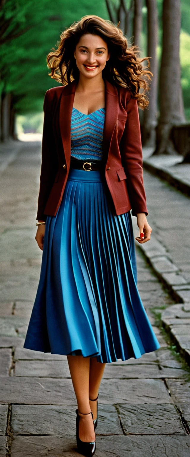 A smiling, authentic, (shy:1,3), kind, beautiful woman, is passionately in love with her skirt, wind wildly flowing her skirt, wearing short blazer and (long (fully pleated) full circle skirt) and (low heeled court shoes), very, very intricate hyper-detailed symmetric (attractive graceful young feminine face) with (sad, tired eyes and a loving smile), very voluptuous breasts, full of empathy and compassion and love, (pronounced (feminine) features), (highly detailed ultra accurate realistic) hands and fingers, (windy), epic composition, highly detailed attributes, (35mm f1.4 Kodak portra 400 photograph), extremely high quality RAW photograph, highly detailed atmosphere, sci-fi, cinematic shot, dynamic lighting, 75mm, Technicolor, Panavision, cinemascope, sharp focus, fine details, 8k, HDR, realism, realistic, key visual, film still, superb cinematic color grading, depth of field