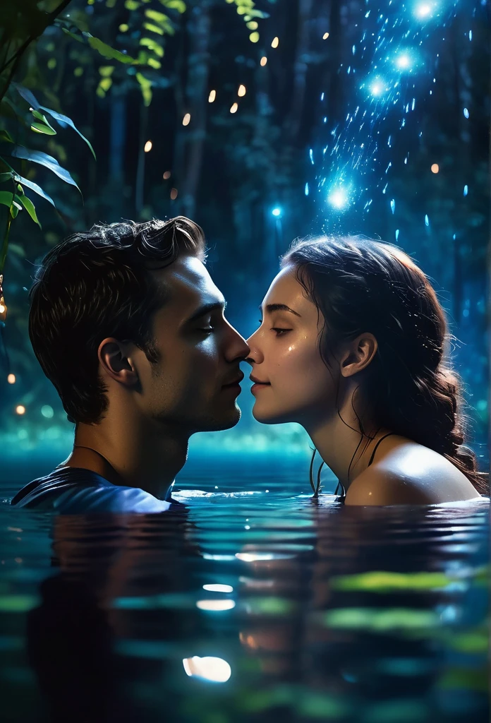 A realistic and romantic photo of a young couple, swimming on the lake at night, looking at each other, the male is touching the female's cheek. The light source is moonlight and fireflies around them. The background is a cliff with wild plants. Soft natural lighting, cinematic.