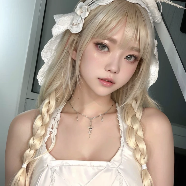 um close up de uma mulher com longos cabelos brancos usando um vestido, kawaii retrato realista, pale porcelain white skin, pale milky white porcelain skin, bonito rosto de anime natural, branco hime corte penteado, ultrarrealista doce coelhinho menina, Menina anime na vida real, Shikami, menina anime , Ulzzang, com cabelos longos brancos, pale young ghost girl