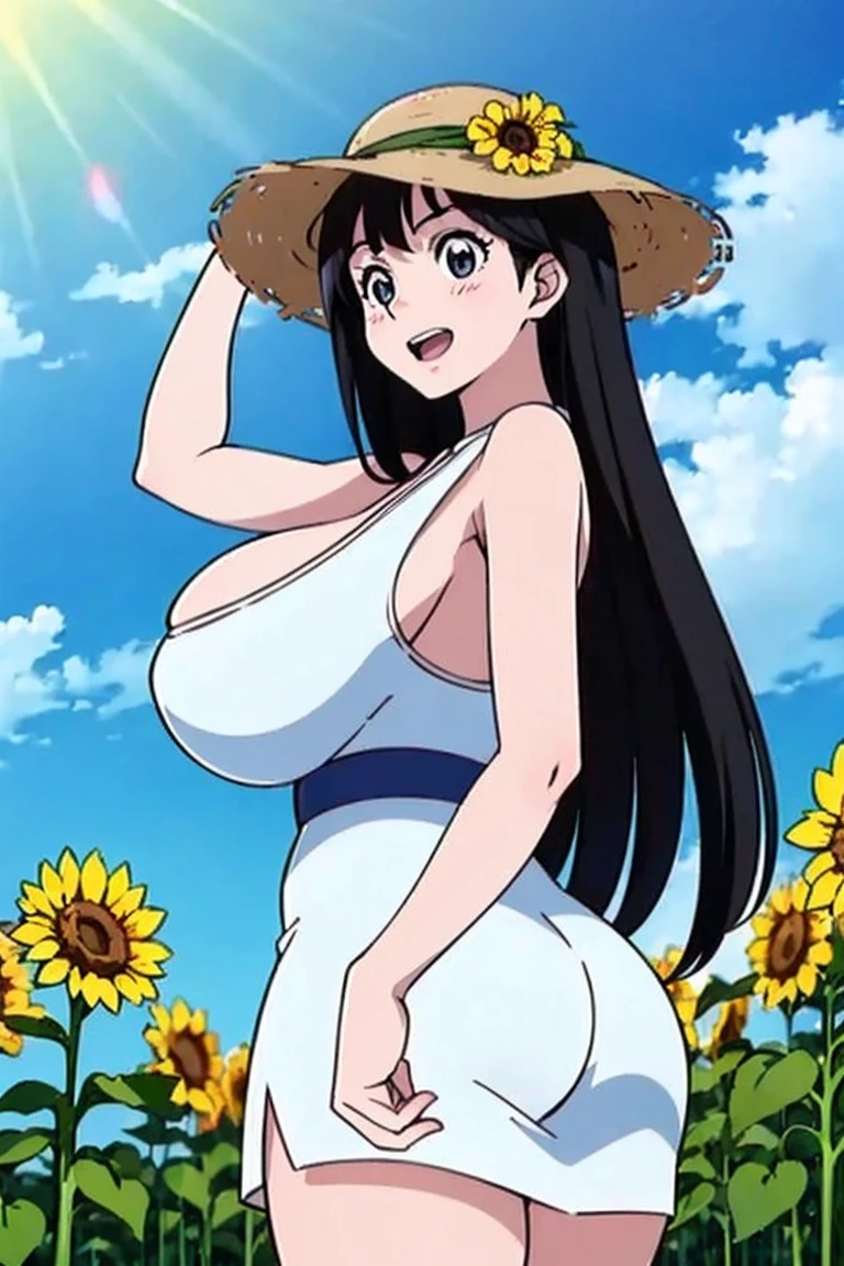 (high quality、high resolution、Masterpiece:1.4),(nakanotani mina,airmaster,black hair,long hair,shibata yokusaru style,wide hip,nagatiti,(gigantic breasts,massive breasts:1.4),wide hip:1)、(Sunflower field、White dress、Straw hat、turn around、from behind,happy smile,open mouth:1.2)