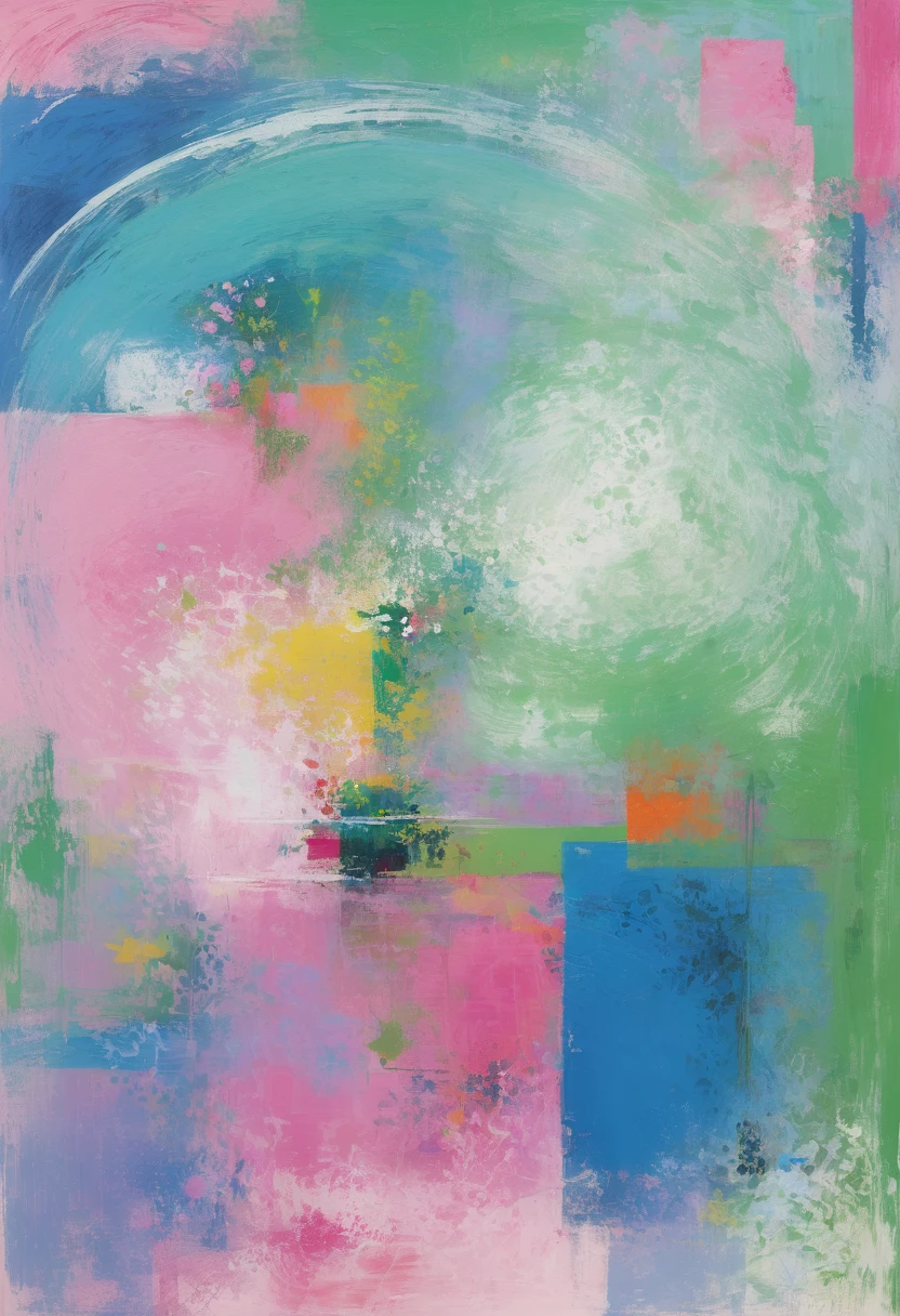 抒情abstract, pink、blue and green mist, 略显abstract, 灵感来自汉斯·Hoffman, abstract现实主义, abstract, abstract丙烯画, abstract技巧, abstract印象派, With this picture carrier,Generate an image with a certain artist(matisse、Hoffman,Cézanne,Chagall,miro)Works in five artist styles,Fusion of five artistic styles,The picture has a certain contemporary quality,Contains contrasting colors,Complementary colors,Adjacent colors,Area comparison,Chiaroscuro,A work with a strong sense of space。Fully reflects the styles and integration of the five artists,Add some details。