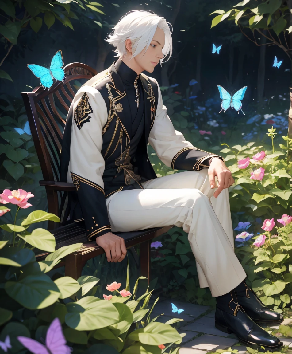 dynamic angle, splash art, high definition, full body, guy with white hair, sitting, surrounded by butterflies in a garden, soft boy