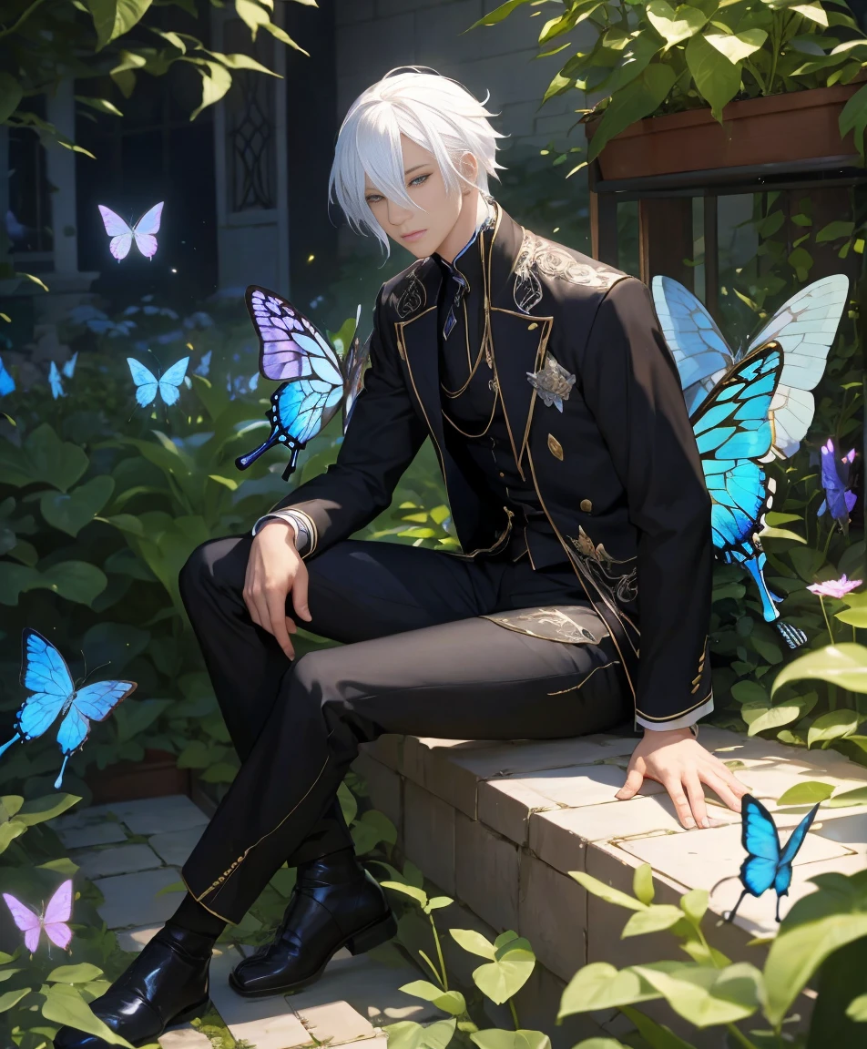dynamic angle, splash art, high definition, full body, guy with white hair, sitting, surrounded by butterflies in a garden, soft boy