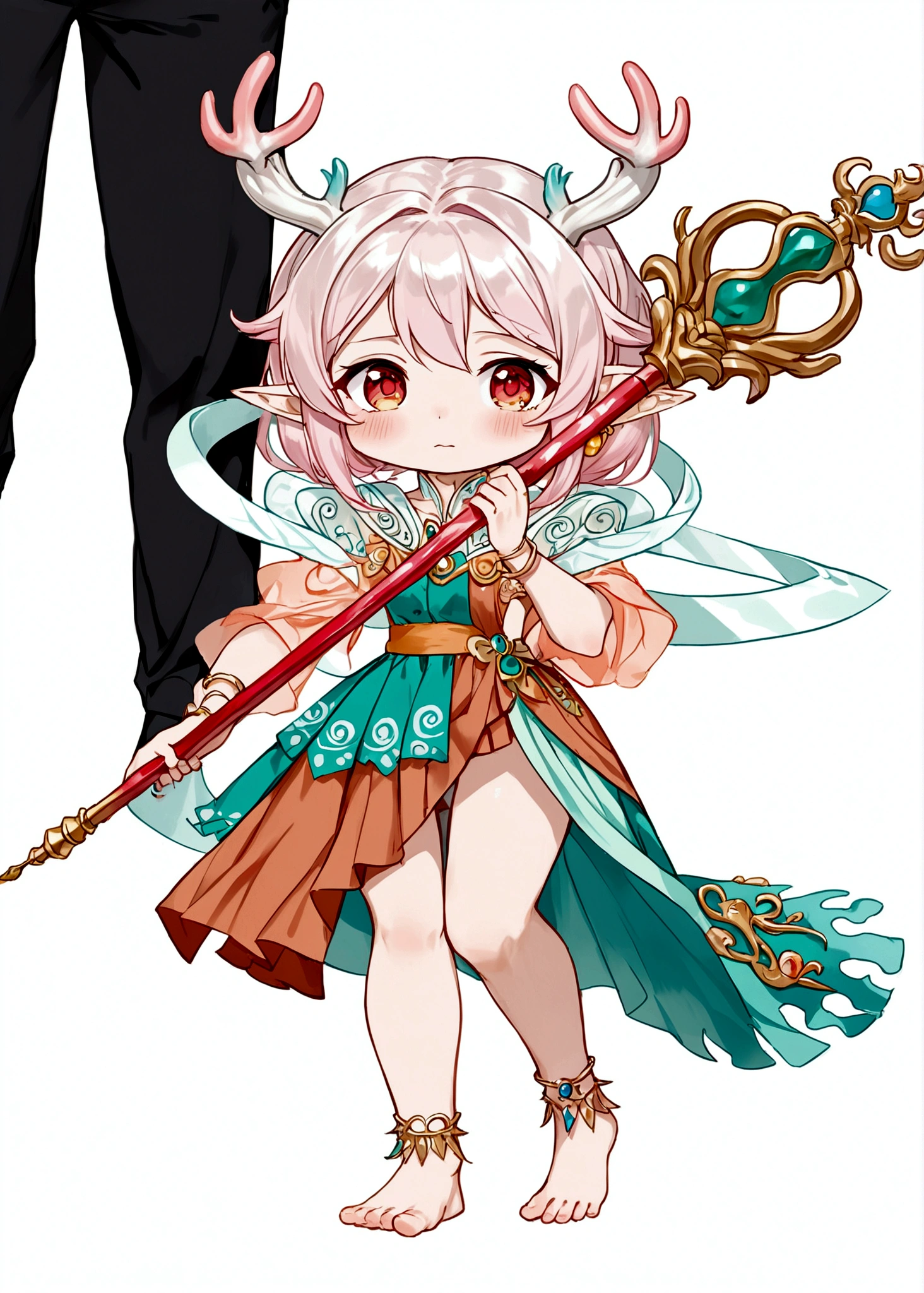Cartoon anime style,beautiful girl,Fluffy pink hair,antlers,Elf ears,orangeskirt,Scepter,Standing barefoot,Foot ring。(((Correct human anatomy)))