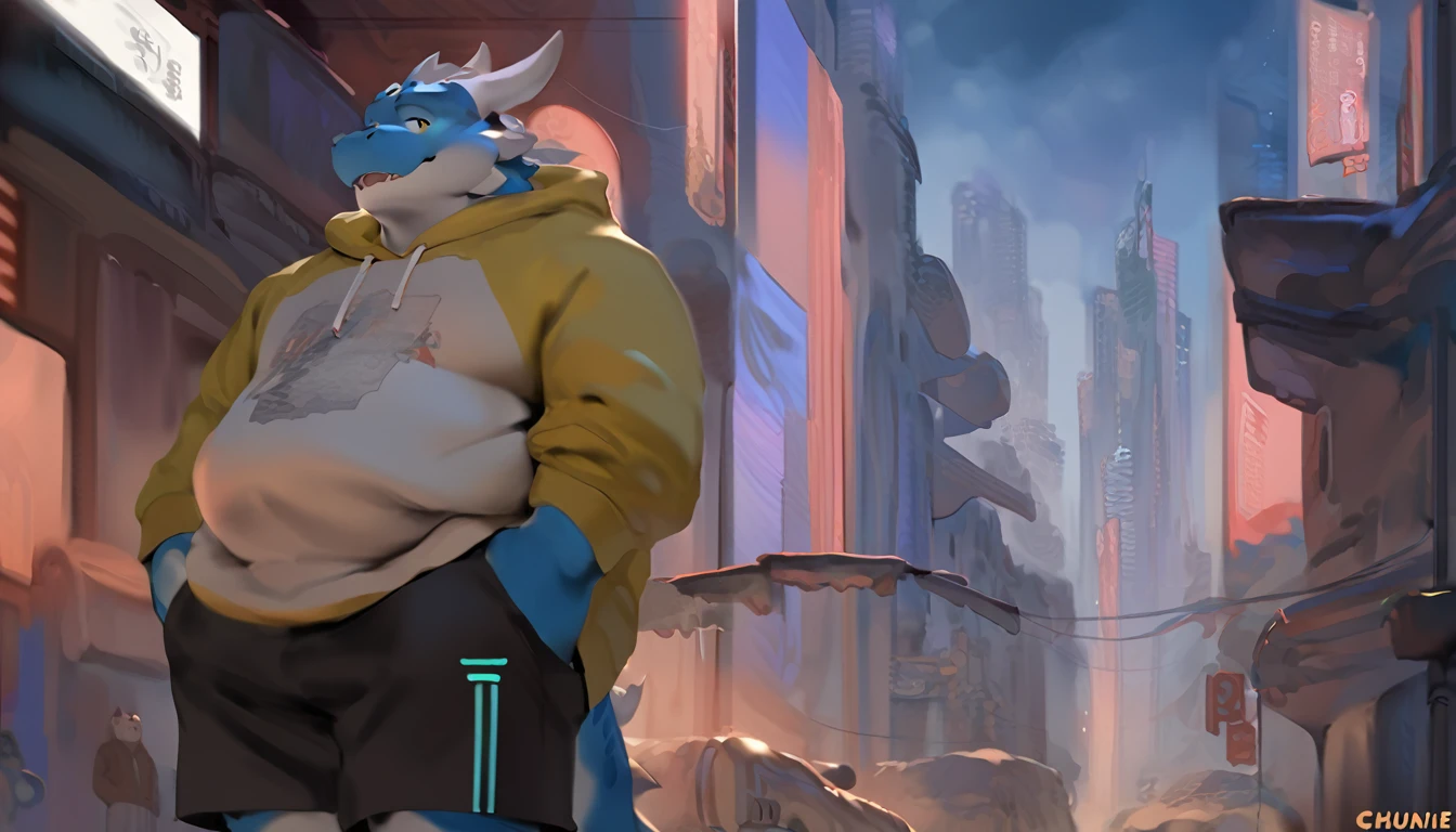 Dragon,male, adult, chubby,round belly,yaoi, doujin,wearing stylish sweatshirt, Shorts, cyberpunk big city, detail background, out view scale, pixiv artwork,hd,4k, colour full, smooth lighting, Netflix cinema quality, by chunie, by quanjiang,