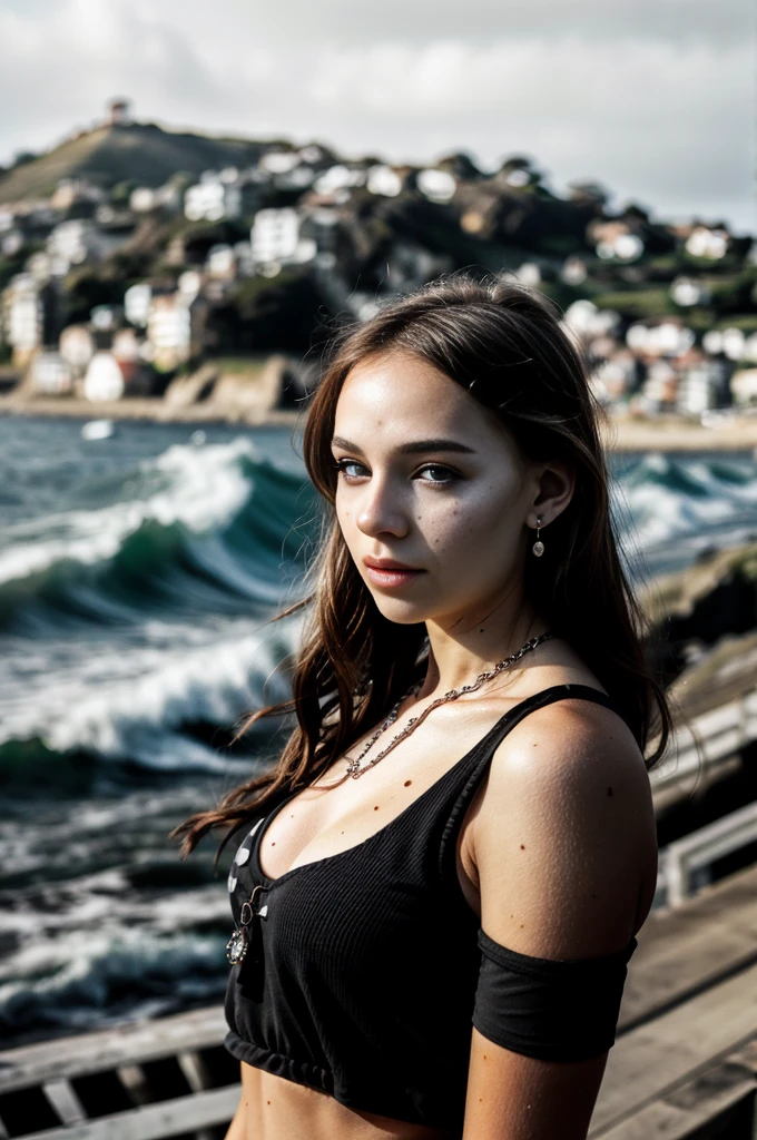 b&w photo of angelinak in black clothes, earrings, face, half body, necklace, high detailed skin, skin pores, 3 moles on left cheek, coastline, overcast weather, wind, waves, 8k uhd, dslr, soft lighting, high quality, film grain, Fujifilm XT3
