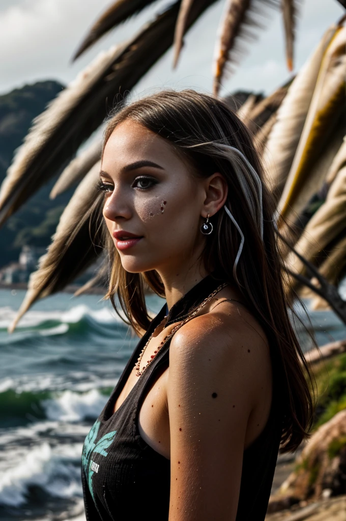 b&w photo of angelinak in black clothes, earrings, face, half body, necklace, high detailed skin, skin pores, 3 moles on left cheek, coastline, overcast weather, wind, waves, 8k uhd, dslr, soft lighting, high quality, film grain, Fujifilm XT3
