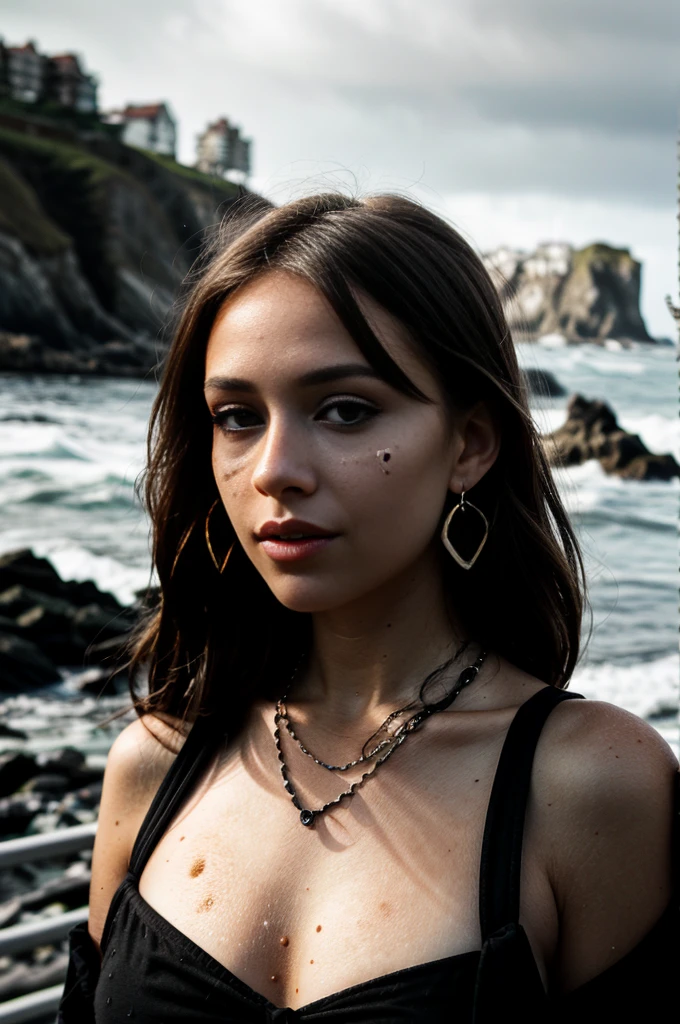 b&w photo of angelinak in black clothes, earrings, face, half body, necklace, high detailed skin, skin pores, 3 moles on left cheek, coastline, overcast weather, wind, waves, 8k uhd, dslr, soft lighting, high quality, film grain, Fujifilm XT3
