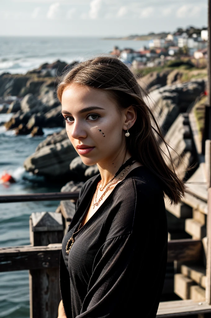 b&w photo of angelinak in black clothes, earrings, face, half body, necklace, high detailed skin, skin pores, 3 moles on left cheek, coastline, overcast weather, wind, waves, 8k uhd, dslr, soft lighting, high quality, film grain, Fujifilm XT3
