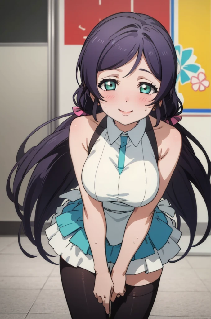 (masterpiece, best quality), 1girl,    nozomi toujou,huge breasts,idol costume,,sweating,sleeveless,thighhighs,miniskirt,looking viewer,smile,1piece dress