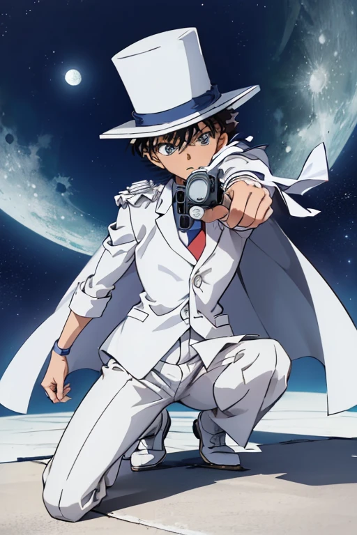 masterpiece,4K,white suit,silk hat,((1 boy)),detective conan-kaitou kid,white cape,white leather shoes,rooftop,moon night,pointing a gun,kneeling
