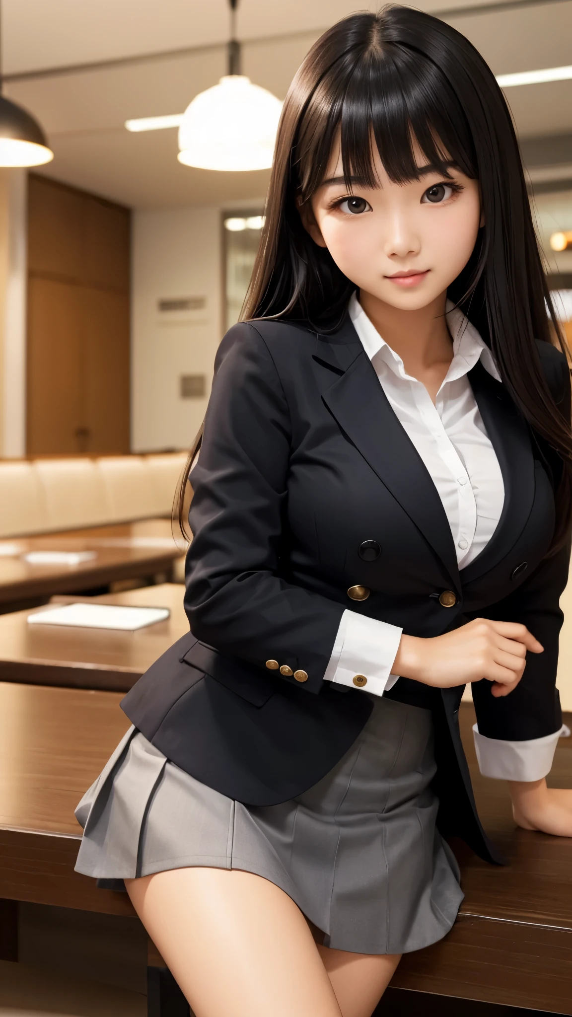 ((high quality)), ((Tabletop)), (Detailed face), (highlight), Asian Girl、Big breasts、thigh、Black Hair、Heavy bangs、high school girl、skirt、blazer、