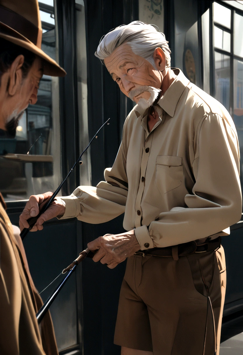 70 year old man, silver hair, goatee, brown hat, Caucasian, fawn buttoned shirt, brown shorts, dark blue fishing rod