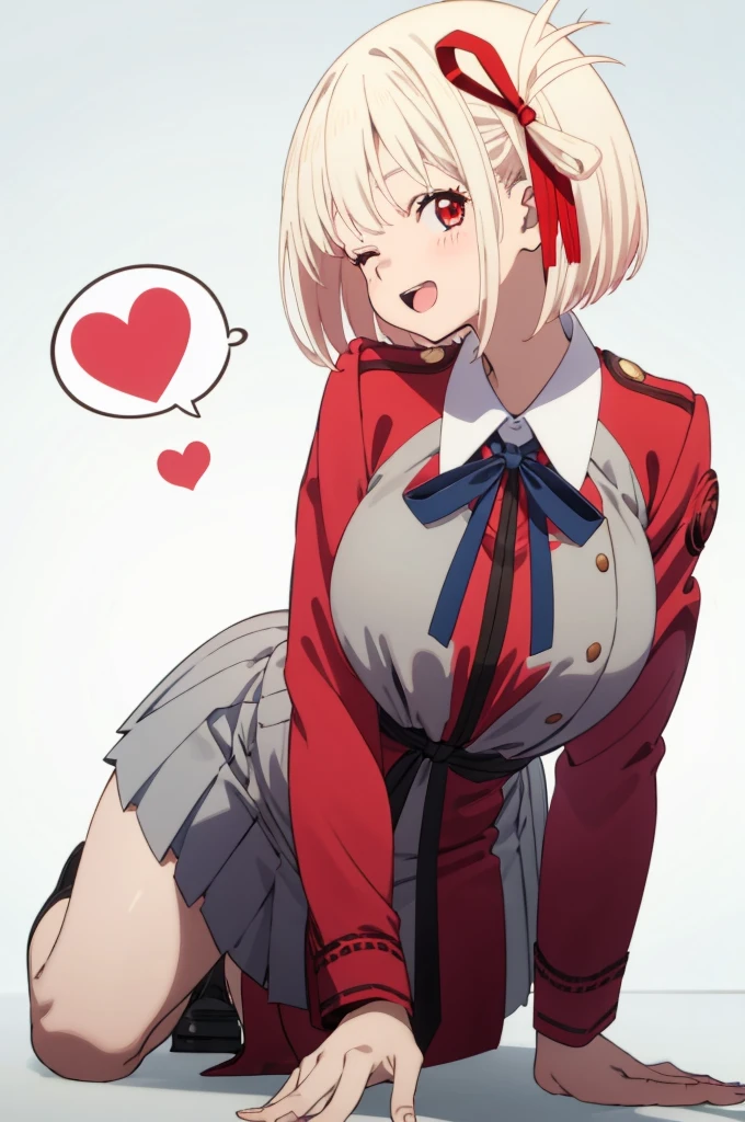 1girl, solo, masterpiece, best quality,
        lycoris uniform, blue ribbon, lycoris recoil, nishikigi chisato, chisato nishikigi, red eyes, blonde hair, short hair, bob cut, hair ribbon, neck ribbon, collared shirt, two-tone dress, red dress, grey dress, long sleeves, taut clothes, pleated dress, large breasts, red belt, bare legs, socks, loafers,
          all fours, looking at viewer, breasts,
          blush, smile, one eye closed, ;o, open mouth, profile,
          simple background, white background, heart background, heart, spoken heart