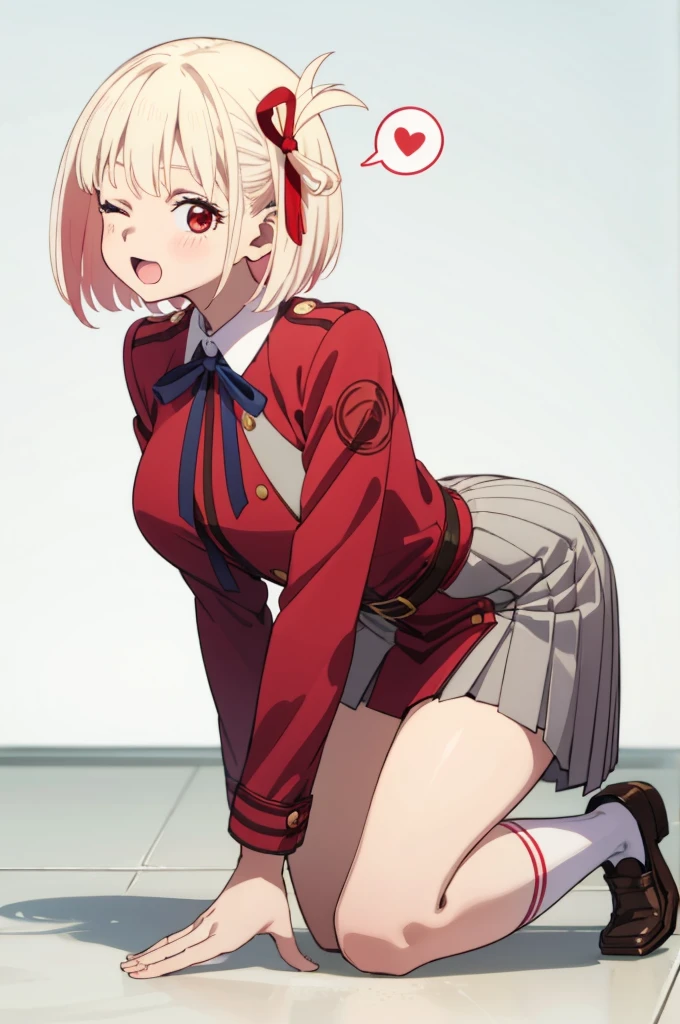 1girl, solo, masterpiece, best quality,
        lycoris uniform, blue ribbon, lycoris recoil, nishikigi chisato, chisato nishikigi, red eyes, blonde hair, short hair, bob cut, hair ribbon, neck ribbon, collared shirt, two-tone dress, red dress, grey dress, long sleeves, taut clothes, pleated dress, large breasts, red belt, bare legs, socks, loafers,
          all fours, looking at viewer, breasts,
          blush, smile, one eye closed, ;o, open mouth, profile,
          simple background, white background, heart background, heart, spoken heart