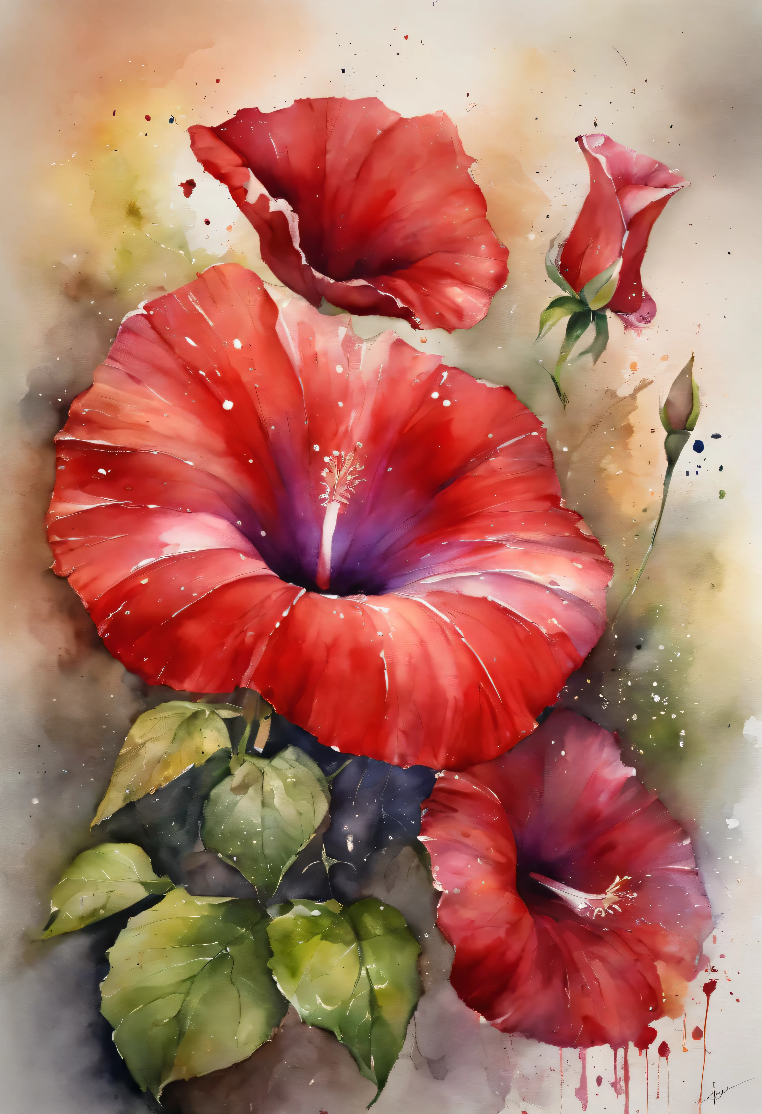 Painting of red morning glory with splatter background and spray paint effect, author：Eugenius Zach, watercolor art, author：Karoly Lotz, watercolor painting, watercolor painting style, watercolor detailed art, By Reuben Tan, watercolor digital painting, watercolor, masterfully detailed watercolor, watercolor art, Grzegorz Rutkowski