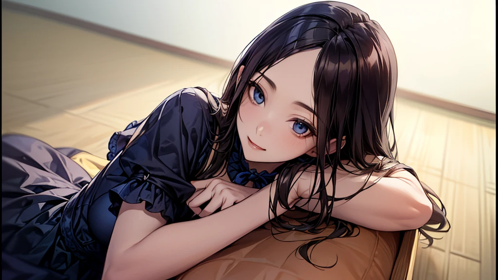 ((Biologically correct limb count))、((whole body including face))、4K、Masterpiece、((Focus on the face))、((Symmetrical, well-proportioned facial features))、Eyes with delicate depictions、(((1 person)))、Beautiful woman、Outstanding style、Slender Body、((Headband、Gothic ta、Blue dress、(High heels)))、(smile）、(Close-up photo of the upper body）、High angle、Look Up、Photo with white border、lie down、Prone、looking at the camera、