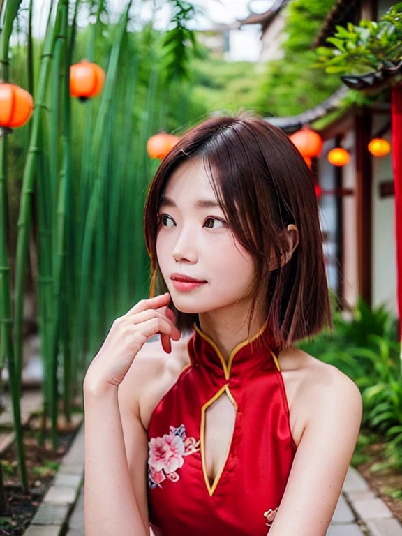 A woman wearing a Chinese dress、She is posing with a traditional Chinese garden as a backdrop。There are red lanterns and bamboo in the background.、Let the elegance and beauty of a woman shine through。