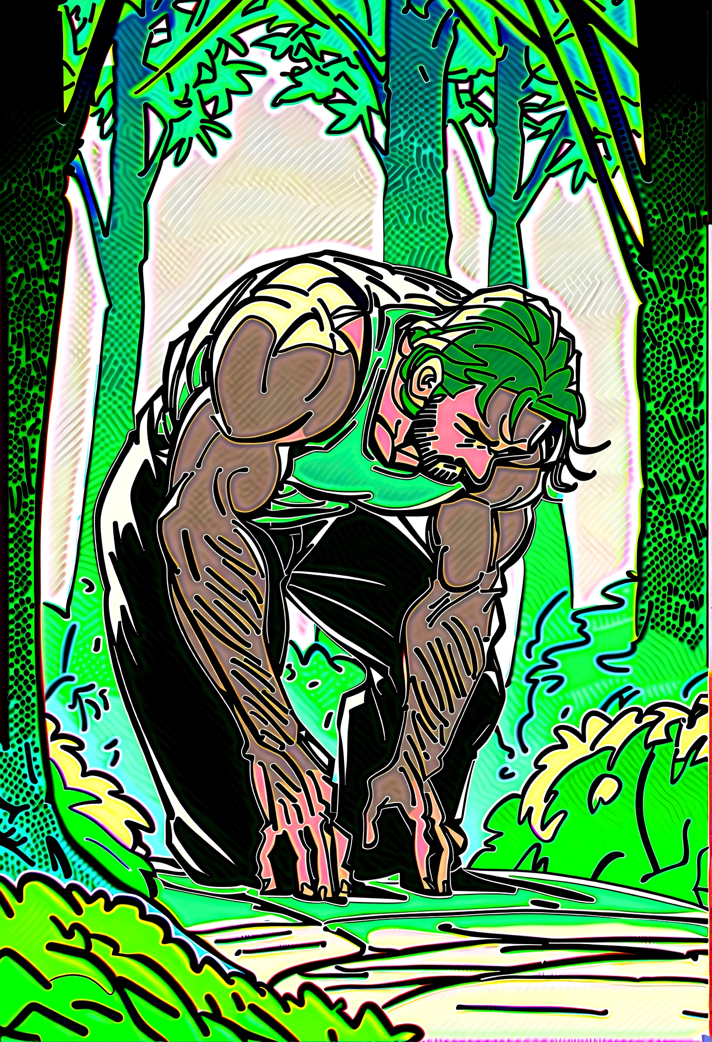 man at rest by a forest, nijimale, mature male, bara, male focus, muscular male, muscular, strong man, long wavy hair, hairy body, beard, pubic hair, 40s, closed eye, skirt, bowing down, forest, trees, bushes,