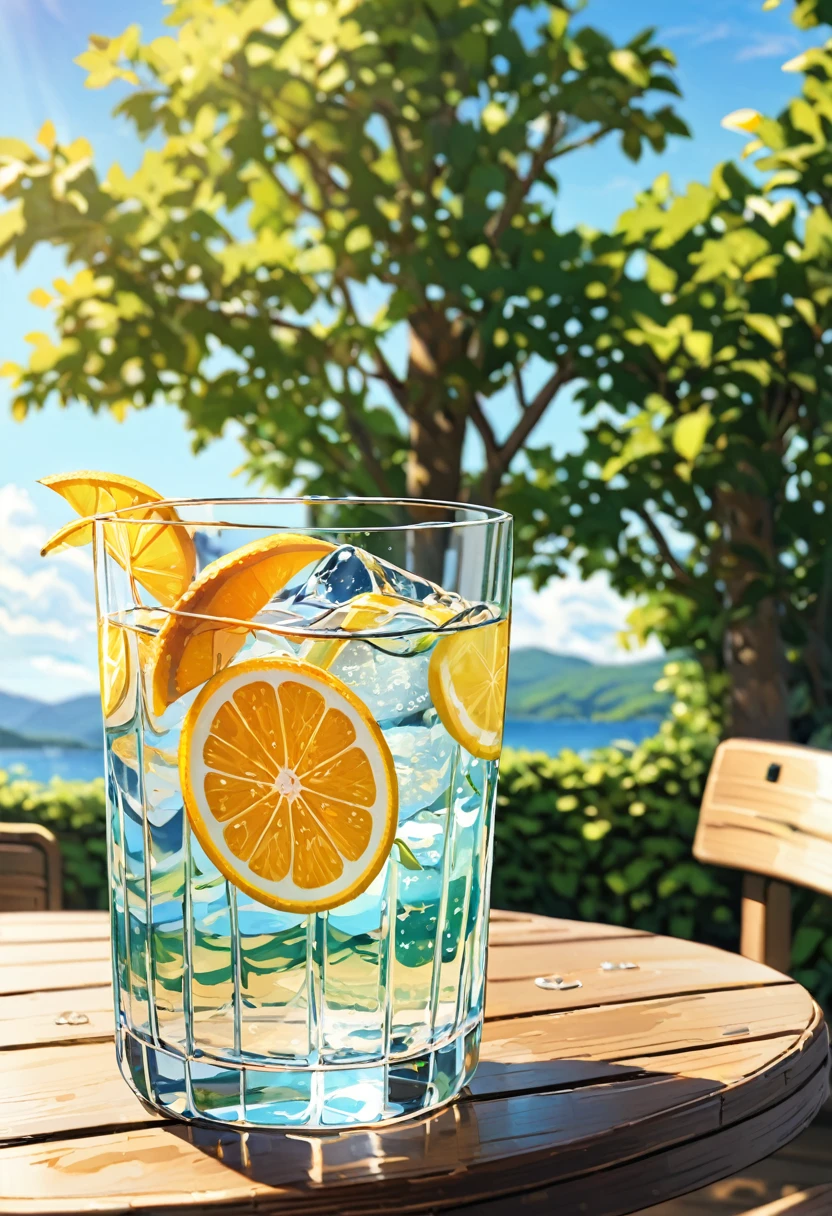 a glass of water, on the table, summer noon,