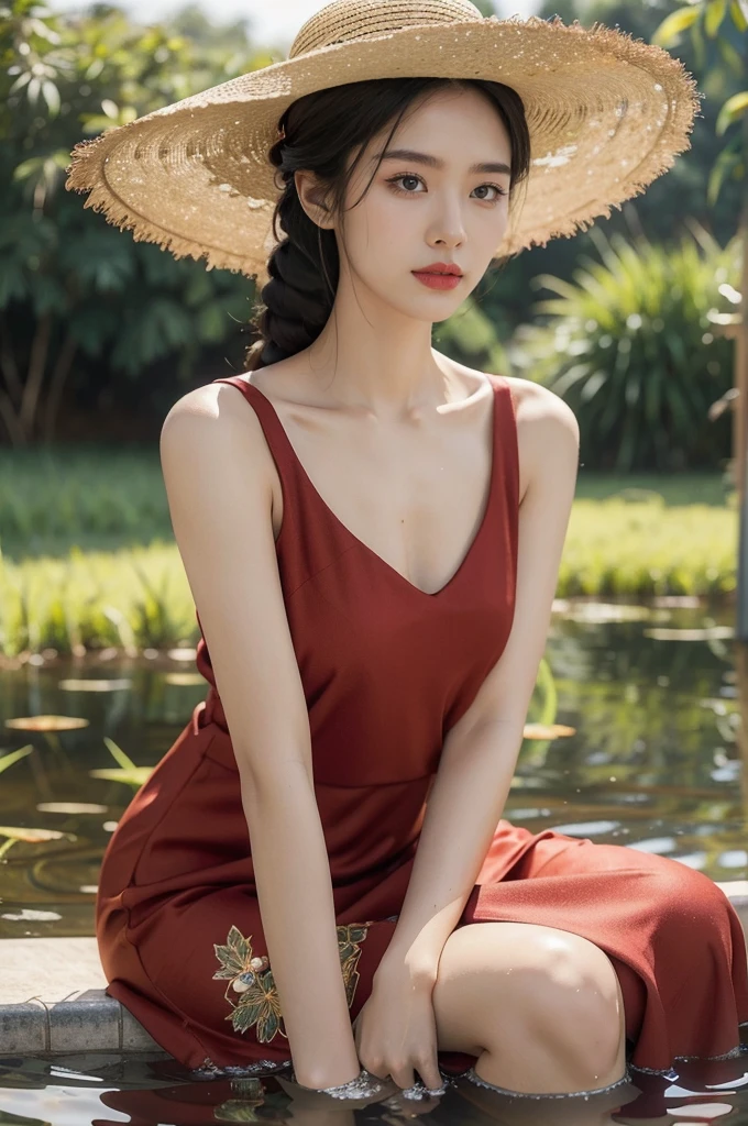 (((best quality))),(((ultra detailed))),(((masterpiece))),illustration,1 beautiful girl,slim,straw hat,shiny skin,dark skin,sweat,wet,flat chest,short Embroidered red cheongsam,bare arms,sitting in the Paddy pool filled with Rice seedlings,upper body,elegant, clear sky, sunlight, dreamy, contrast, natural,Chinese rural landscape,The body below the neck is in water