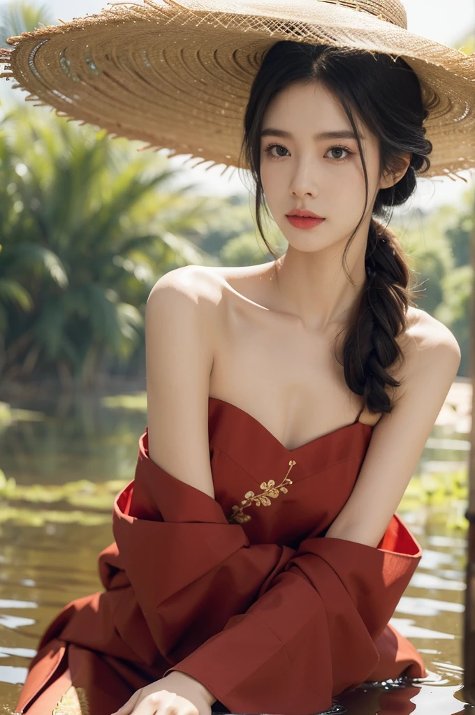 (((best quality))),(((ultra detailed))),(((masterpiece))),illustration,1 beautiful girl,slim,straw hat,shiny skin,dark skin,sweat,wet,flat chest,short Embroidered red cheongsam,bare arms,sitting in the Paddy pool filled with Rice seedlings,upper body,elegant, clear sky, sunlight, dreamy, contrast, natural,Chinese rural landscape,The body below the neck is in water