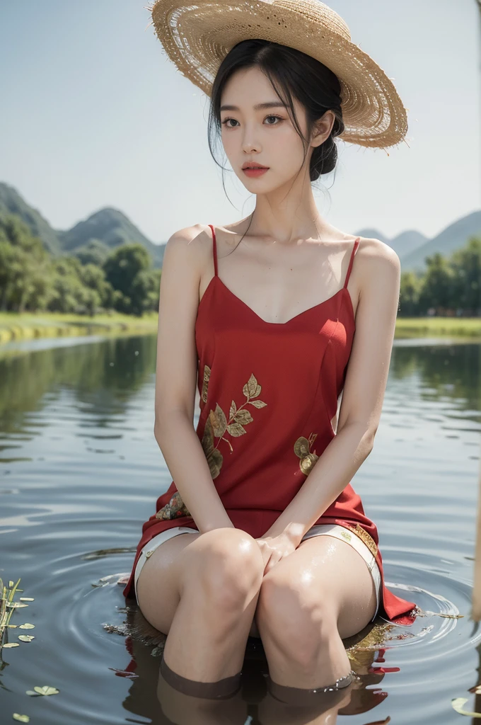 (((best quality))),(((ultra detailed))),(((masterpiece))),illustration,1 beautiful girl,slim,straw hat,shiny skin,dark skin,sweat,wet,flat chest,short Embroidered red cheongsam,bare arms,sitting in the Paddy pool filled with Rice seedlings,upper body,elegant, clear sky, sunlight, dreamy, contrast, natural,Chinese rural landscape,The body below the neck is in water