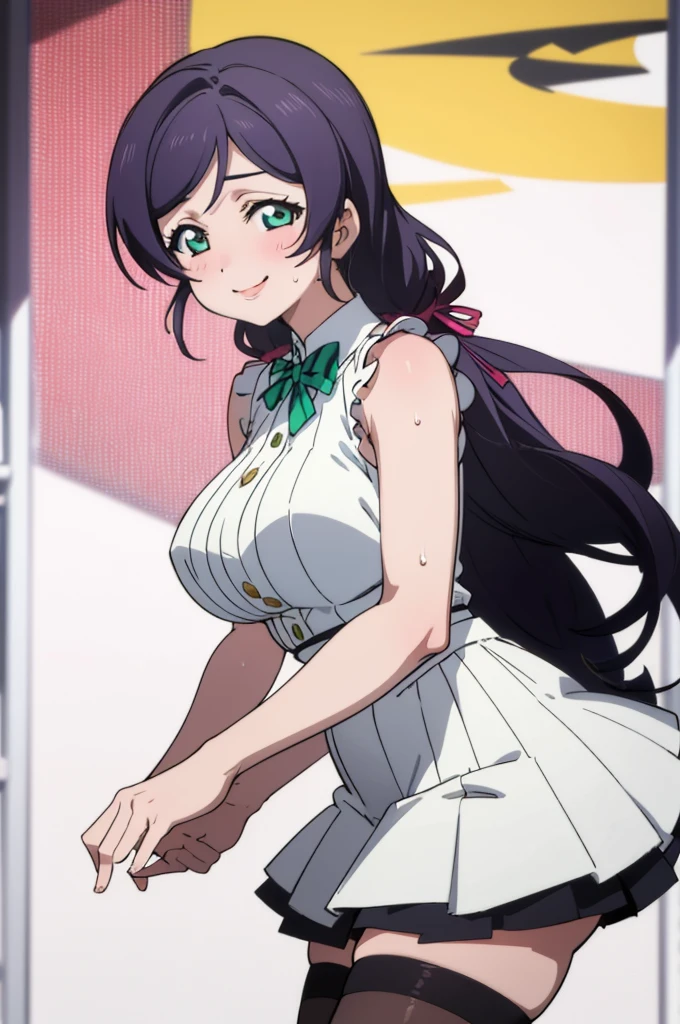 (masterpiece, best quality), 1girl,    nozomi toujou,huge breasts,idol costume,,sweating,sleeveless,thighhighs,miniskirt,looking viewer,smile,1piece dress,from side