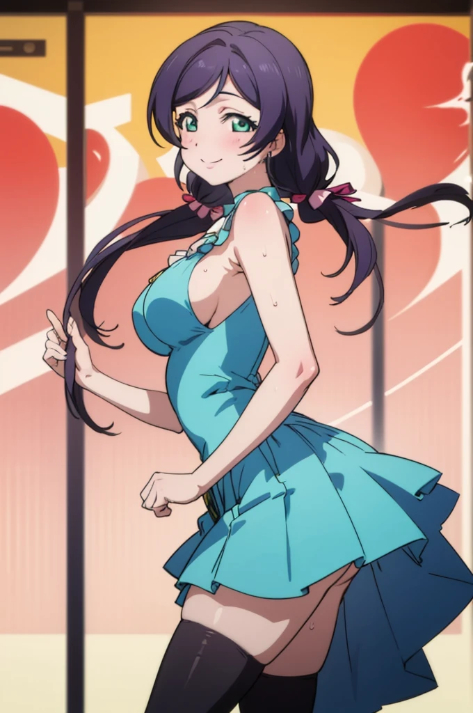 (masterpiece, best quality), 1girl,    nozomi toujou,huge breasts,idol costume,,sweating,sleeveless,thighhighs,miniskirt,looking viewer,smile,1piece dress,from side