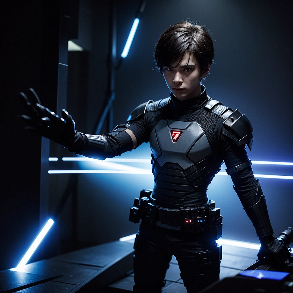 young man with lasergame armor and phaser, in the center looking frontally in an attack position, in the background a dark lasergame room looks frontally at the camera