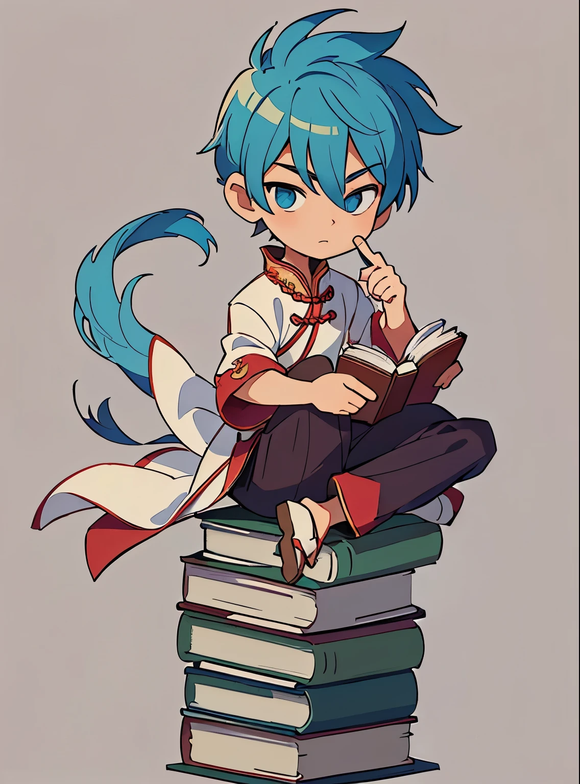 2D boy in ancient Chinese costume sitting on a pile of books and reading a book, Background removed, 2D images, Book Portrait, Remove Watermark, Full body rendering, Matte, On a clear background, Transparent, Full view blank background, The character's eyes are open and he is reading a book. He has an ancient hat on his head.